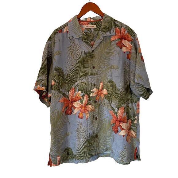 Tommy Bahama Linen Blue Floral Palm Tropical Camp Collar Button Down Shirt XL - Picture 1 of 12